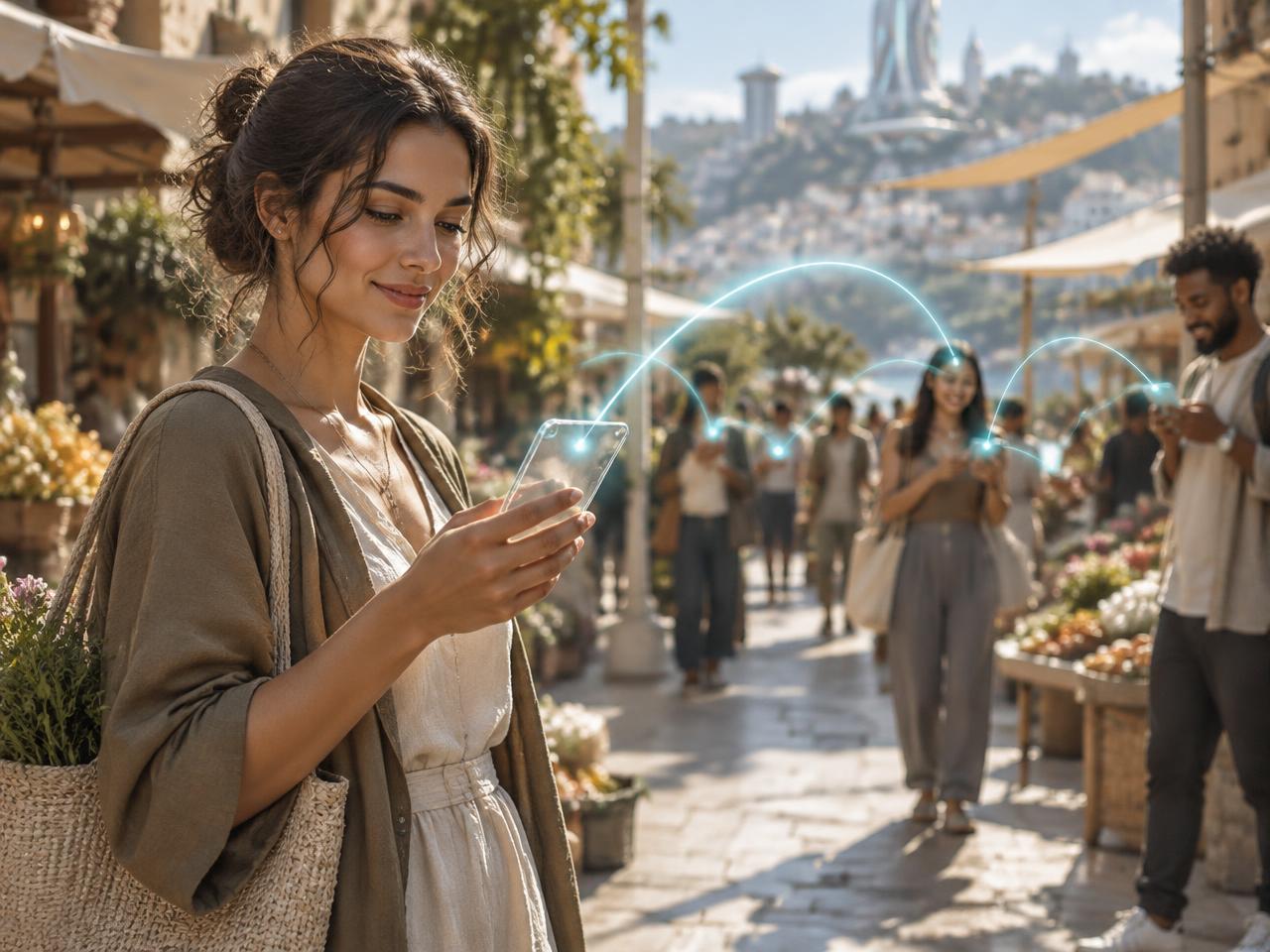 A market trader holding her phone, sending a sealed message straight to the phones around her
